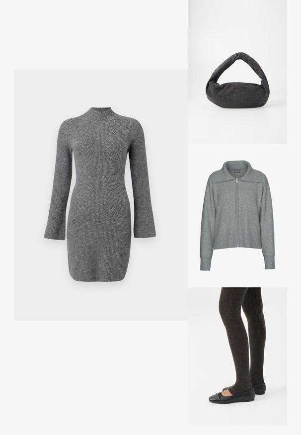 Cárdigan gris suave con cremallera, cuello ancho, dobladillo y puños acanalados, con mangas largas y un ajuste relajado.; Vestido de punto gris con cuello alto, mangas largas y una silueta ajustada. Presenta una textura de canalé vertical. Doquier corto.; Piernas con leggings oscuros acanalados combinados con bailarinas negras que presentan pequeños detalles de lazo sobre un fondo blanco.; Bolsa de tela gris oscuro con un asa curva, textura suave y forma redondeada. Sin hardware ni adornos visibles.