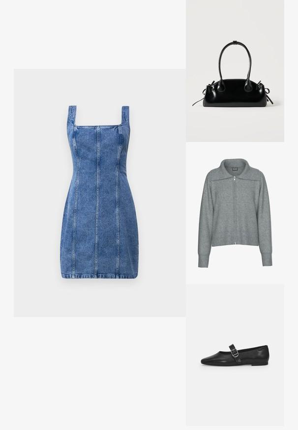 Sanfter grauer Reißverschluss-Cardigan mit breitem, geripptem Kragen, Saum und Bündchen, mit langen Ärmeln und lässiger Passform.; Jeanskleid mit quadratischem Ausschnitt, figurbetonter Form und vertikalen Nahtdetails. Hellblaue Farbe und mittelschwerer Stoff mit glatter Textur.; Schwarzer Lederflatschuh mit runder Zehenform, einem verstellbaren Schnallenriemen und einer glatten, glänzenden Oberfläche. Minimalistisches Design mit einem niedrigen Absatz.; Kleine schwarze glänzende Handtasche mit zwei langen Griffen und seitlichen Kordelzug-Details vor einfachem hellem Hintergrund.
