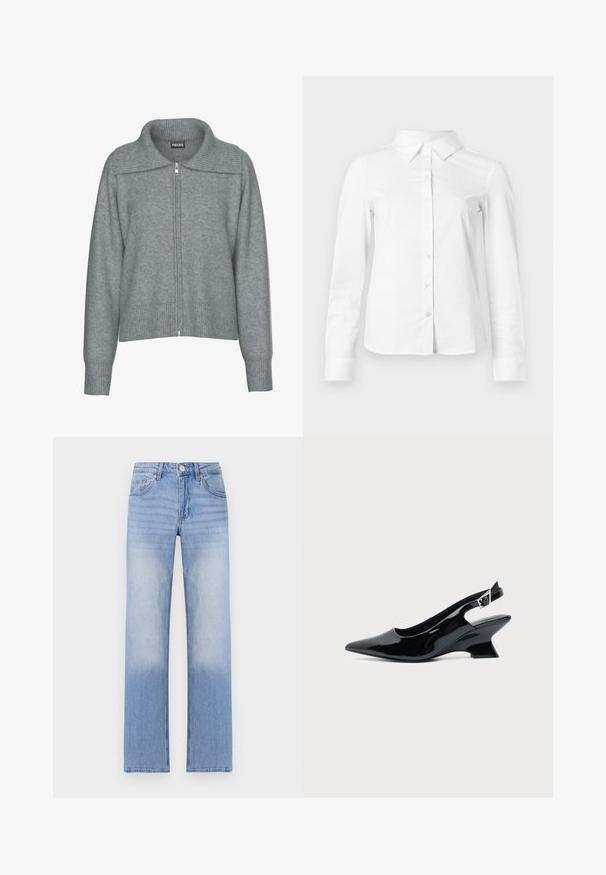Cardigan gris doux à fermeture éclair avec col large côtelé, ourlet et poignets, doté de manches longues et d'une coupe décontractée.; Chemise blanche à manches longues avec boutons, col pointu, ourlet droit et silhouette ajustée, présentée sur un fond clair uni.; Jean en denim bleu clair avec une coupe droite, présentant un délavage aux extrémités et un style classique à cinq poches.; Chaussure slingback en cuir verni noir avec bout pointu et petit talon bloc incliné sur fond clair uni.