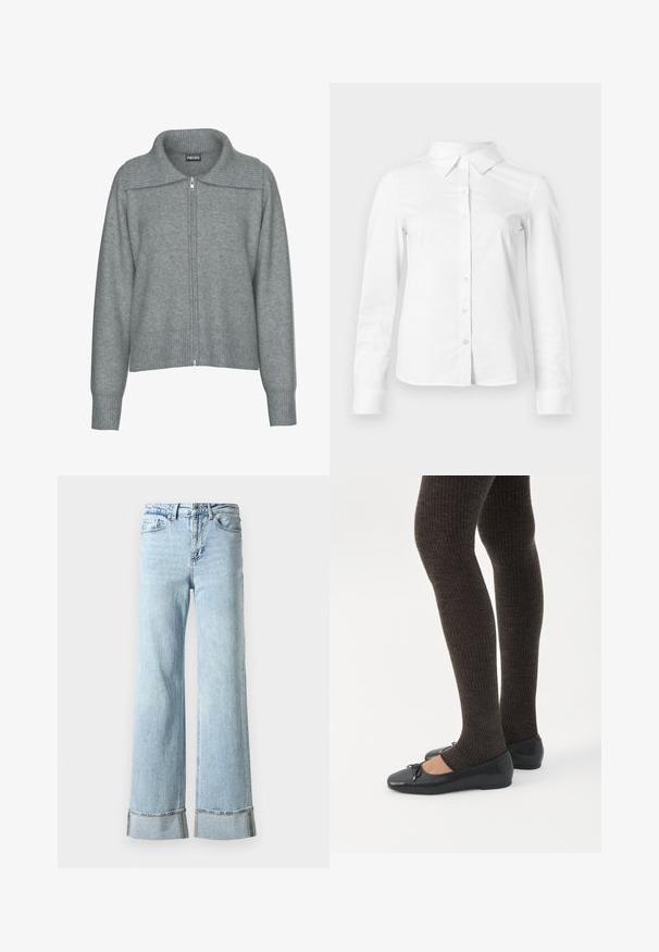 Cardigan gris doux à fermeture éclair avec col large côtelé, ourlet et poignets, doté de manches longues et d'une coupe décontractée.; Chemise blanche à manches longues avec boutons, col pointu, ourlet droit et silhouette ajustée, présentée sur un fond clair uni.; Jeans en denim bleu clair avec des jambes larges, des ourlets effilochés et des détails décoratifs en rhinestones aux poignets. Design standard à cinq poches.; Jambes portant des leggings côtelés foncés associés à des ballerines noires avec de petits détails en nœud sur fond blanc.
