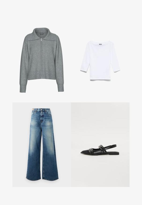 Zachte grijze cardigan met ritssluiting, ribgebreide brede kraag, zoom en manchetten, met lange mouwen en een losse pasvorm.; Witte driekwartmouwen shirt gemaakt van een katoenen mix; beschikt over een brede bootnek en een gladde, lichte textuur.; Wijde blauwe denim jeans met een vervaagde afwerking, hoge taille en klassiek vijf-pocket ontwerp. Voorzien van koperen hardware en rafelige zomen.; Even&Odd Slingback ballerina´s - black