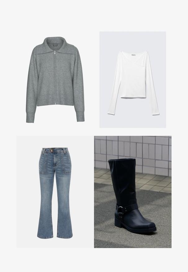 Sanfter grauer Reißverschluss-Cardigan mit breitem, geripptem Kragen, Saum und Bündchen, mit langen Ärmeln und lässiger Passform.; Weißes Langarmoberteil mit einem Überlappungsdesign und einer Tasche. Hergestellt aus einem glatten, elastischen Material. In einem lässigen, entspannten Schnitt.; Blaue Denim-Jeans mit hoher Taille, vorderen aufgesetzten Taschen, Knopf- und Reißverschluss und einem leicht ausgestellten Bein-Silhouette.; Schwarzer Lederstiefel bis zur Mitte der Wade mit niedrigem Blockabsatz und dekorativem Riemen mit Metallschnalle um den Knöchel, auf einem gefliesten Gehweg.