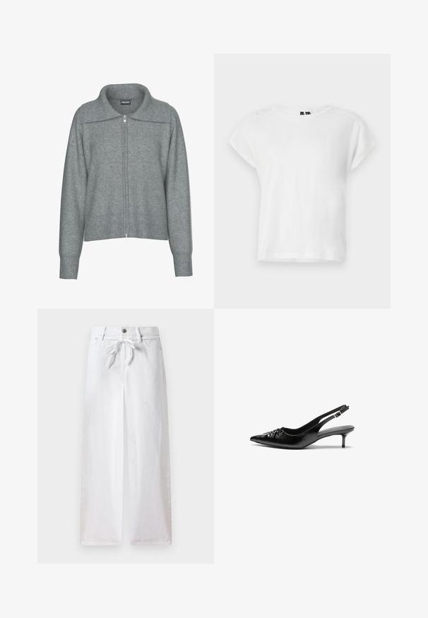 Blød grå cardigan med lynlås, bred ribstrikket krave, kant og manchetter, med lange ærmer og en afslappet pasform.; Hvid kortærmet t-shirt med rund halsudskæring og blonder på skuldrene. Lavet af blødt, letvægtsstof.; Hvide vidde bukser lavet af bomuld. Har en snoretræk i taljen og en knaplukning. Glat tekstur med et minimalistisk design.; Sorte læder slingback-pumps med spids tå, lav kitten-hæl og rynket detalje på overdelen. Glat tekstur og minimalistisk design.