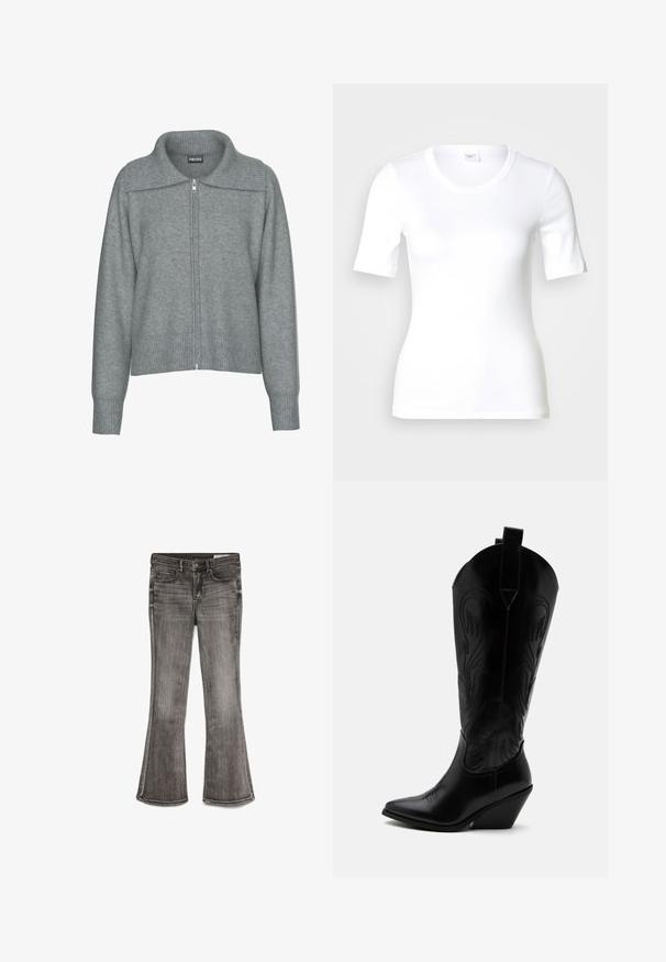Zachte grijze cardigan met ritssluiting, ribgebreide brede kraag, zoom en manchetten, met lange mouwen en een losse pasvorm.; Wit T-shirt met korte mouwen van glad katoen, met een ronde halslijn en een aangesloten pasvorm. Klassiek ontwerp, zonder patronen of accenten.; Uitlopende jeans in vervaagd zwart denim met een lichte glans. Voorzien van vijf zakken en contraststiksel langs de randen.; Zwarte leren cowboylaars met puntige neus, schuine blokhak, decoratieve stiksels en aantreklusjes bovenaan tegen een witte achtergrond.