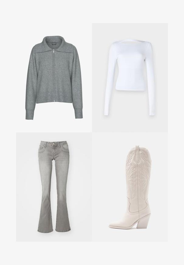Cardigan gris doux à fermeture éclair avec col large côtelé, ourlet et poignets, doté de manches longues et d'une coupe décontractée.; Haut à manches longues blanc avec un décolleté carré et un détail découpé au dos. Fabriqué dans un tissu lisse et extensible. Conception ajustée.; Jeans gris évasés avec une taille mi-haute, poches avant et fermeture à bouton, fabriqués en denim avec une texture lisse.; Bottine de cowboy en cuir blanc avec un bout pointu et un talon bloc. Présente des motifs de broderie complexes sur la tige et une texture lisse.