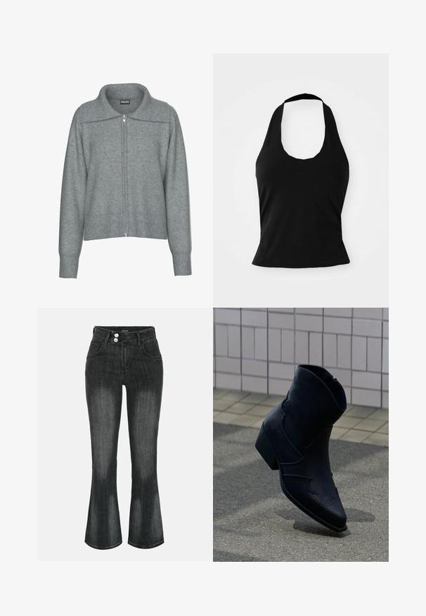 Zachte grijze cardigan met ritssluiting, ribgebreide brede kraag, zoom en manchetten, met lange mouwen en een losse pasvorm.; Zwarte haltertop gemaakt van zacht materiaal, met een ronde hals en een getailleerde pasvorm, voorzien van een gladde textuur en zonder zichtbare patronen.; Zwart gewassen denim jeans met hoge taille, dubbele knoopsluiting, voorzakken en licht uitlopende pijpen.; Zwarte leren enkellaars met lage hak, decoratieve stiksels en puntige neus, rechtop geplaatst op een betegelde ondergrond naast een betegelde muur.