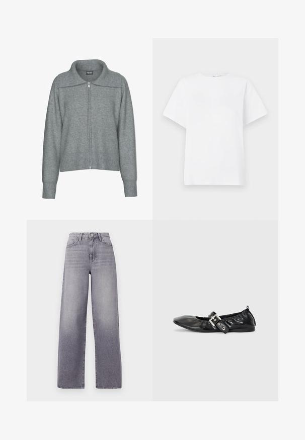 Blød grå cardigan med lynlås, bred ribstrikket krave, kant og manchetter, med lange ærmer og en afslappet pasform.; Hvid t-shirt med korte ærmer lavet af bomuldsstof. Har en rund hals, afslappet pasform og en glat struktur uden mønstre eller dekorationer.; Højtaljede, vide jeans i lysegrå denim. Har et klassisk fem-lomme design, diskret fading og en metalknaplukning.; Sorte læder flade sko med spids tå, samling detaljer omkring åbningen, og en sølv spænde accent på den justerbare rem.