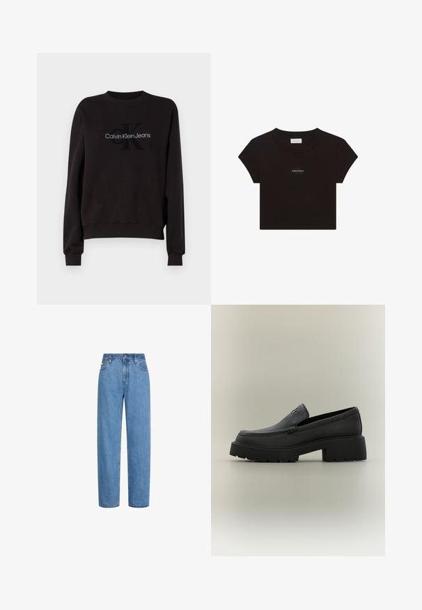 Sweatshirt noir avec col rond côtelé et poignets. Logo brodé comprenant "Calvin Klein Jeans" et "CK" dans des couleurs contrastées.; T-shirt court noir à manches courtes avec col rond et petit texte de logo blanc "Calvin Klein" centré sur la poitrine.; Jean denim bleu à jambes droites, taille haute, bouton frontal et poches, présenté sur un fond blanc.; Mocassin en cuir noir avec semelle épaisse, talon bloc et petit logo métallique sur la tige, présenté de profil sur un fond neutre.