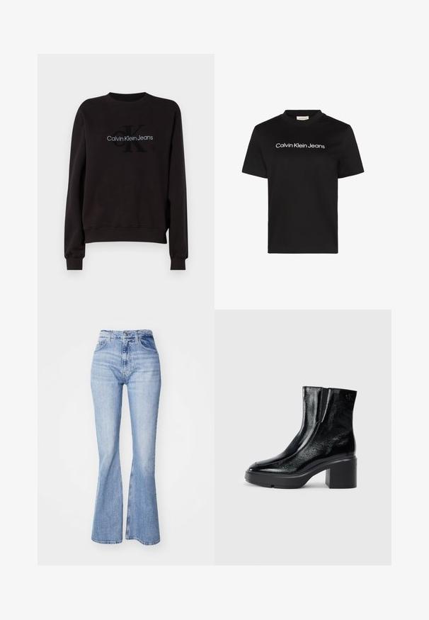 Sudadera negra con cuello redondo y puños acanalados. El logo bordado incluye "Calvin Klein Jeans" y "CK" en colores contrastantes.; Camiseta de algodón negra con cuello redondo y mangas cortas, con el texto "Calvin Klein Jeans" en blanco en el pecho.; Vaqueros de campana de color azul claro, fabricados en denim, con cintura alta, diseño de cinco bolsillos y un sutil desgaste a lo largo de las piernas.; Botas de tobillo de charol negro con puntera curva, paneles laterales elásticos y un tacón ancho. Presentan un logo embosado en la parte posterior.