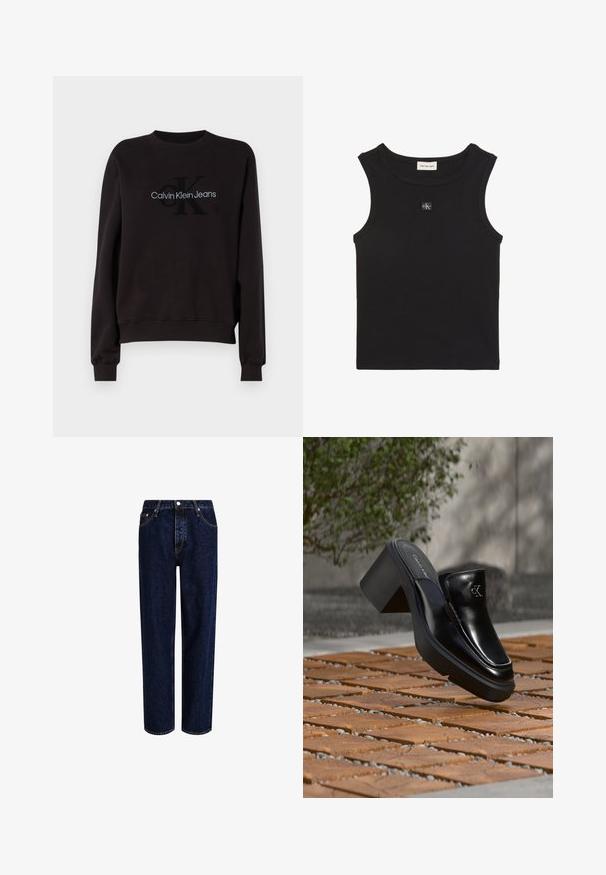 Sweatshirt noir avec col rond côtelé et poignets. Logo brodé comprenant "Calvin Klein Jeans" et "CK" dans des couleurs contrastées.; Haut noir sans manches à côtes, avec encolure ronde, étiquette Calvin Klein Jeans à l'intérieur du col et petit patch logo CK sur la poitrine.; Jeans en denim bleu foncé avec une coupe droite, dotés d'une taille haute, d'un style à cinq poches et de coutures contrastantes. Sans embellissements.; Mule slip-on en cuir noir Calvin Klein avec talon bloc reposant sur des carreaux en bois à l'extérieur près d'une plante verte et d'un mur gris.
