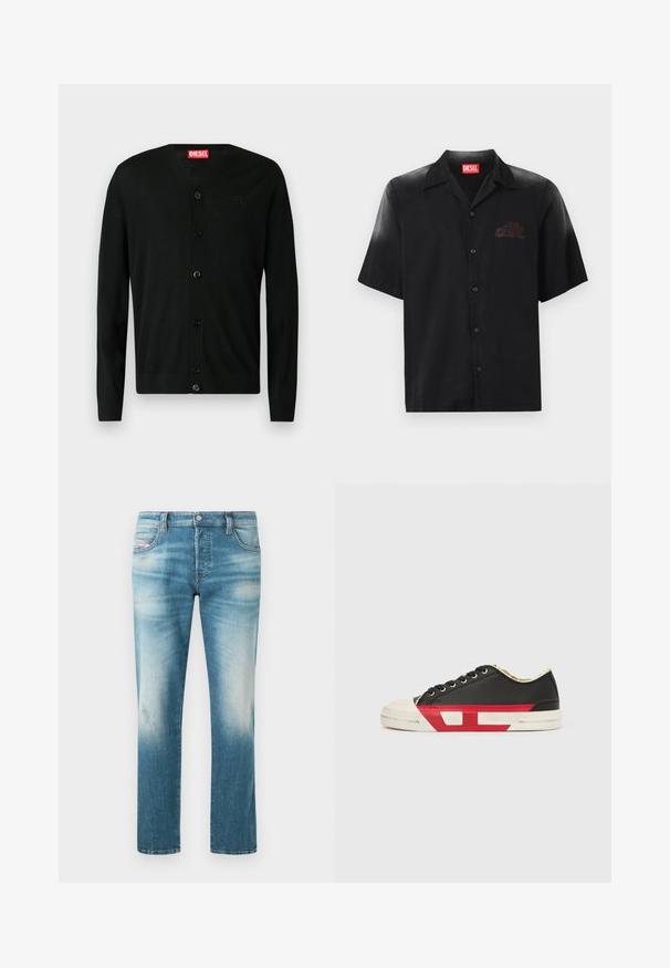 Zwarte lange mouwen cardigan met knopen en V-hals, met een klein geborduurd logo op de borst en een rood Diesel merklabel aan de binnenkant van de kraag.; Zwart shirt met korte mouwen van soepel stof, voorzien van een knoopsluiting aan de voorkant en een subtiele reliëflogo op de linkerborst.; Mannelijke mediumblauwe verouderde rechte jeans met lichte slijtage en klassiek vijfzakkenontwerp.; Zwarte canvas sneaker met rode accenten, rubberen neuskap en witte zool. Voorzien van zwarte veters en een gestructureerd design aan de zijkant.