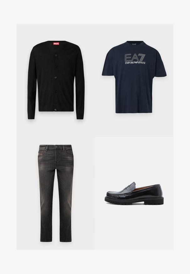 Zwarte lange mouwen cardigan met knopen en V-hals, met een klein geborduurd logo op de borst en een rood Diesel merklabel aan de binnenkant van de kraag.; Donkerblauw T-shirt met korte mouwen en een wit EA7 Emporio Armani-logo centraal op de borst.; Zwarte denim jeans met een vervaagd ontwerp, rechte pijp, vijfzakkenstijl en knoopsluiting. Voorzien van subtiele stiksels en metalen accenten.; Zwarte leren penny loafer met chunky rubberen zool en moc-toe stiksel, in profiel weergegeven op een witte achtergrond.
