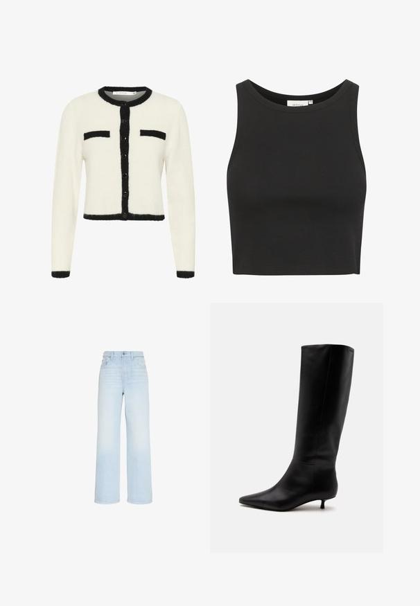 Witte geknipte cardigan van zachte stof met zwarte randen, voorzien van een ronde halslijn, knoopsluiting en twee borstzakken.; Zwart geribbelde crop top gemaakt van rekbaar materiaal. Heeft een ronde halslijn en een mouwloos ontwerp, met schone, afgewerkte randen.; Lichtblauwe, wijdvallende jeans met hoge taille, vooraan met knoop- en ritssluiting, riemlussen en voor- en achterzakken.; Zwarte leren kniehoge laars met puntige neus en lage kittenhak tegen een effen lichte achtergrond.