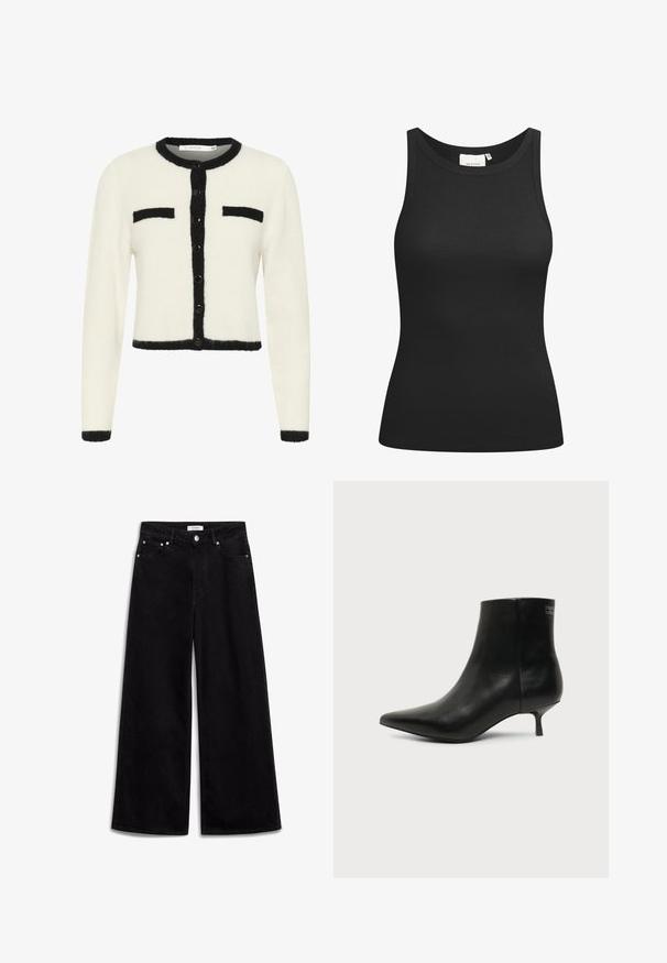 Hvid cropped cardigan i blødt stof med sorte kanter, med rund halsudskæring, knaplukning og to brystlommer.; Sort tanktop lavet af ribbet materiale, med en scooped halsudskæring og en tætsiddende form. Flade sømme og ingen udsmykninger. Enkel og strømlinet design.; Sorte vidde jeans lavet af denim, med høj talje, fem lommer og sølv hardware detaljer. Glat tekstur, enkelt design.; Sort læder ankelstøvle med spids tå og lav kitten hæl på lys baggrund, der viser yderside.