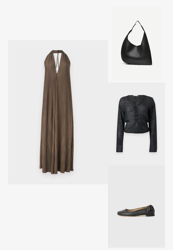 Cardigan noir en maille avec un col en V, des manches longues et une coupe courte. Dispose d'une fermeture boutonnée et d'un tissu texturé avec un léger éclat.; Robe maxi marron plissée sans manches avec un col halter en V profond et une fermeture par lien au niveau du cou.; Ballerines en cuir noir avec un bout arrondi et des coutures minimales. Talon bas et rectangulaire avec une texture lisse. Détails subtils de doublure intérieure.; Sac à épaule en cuir noir avec forme triangulaire incurvée, une seule sangle ajustable, et une couture diagonale visible à l'avant.