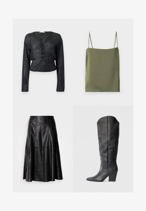 Cardigan noir en maille avec un col en V, des manches longues et une coupe courte. Dispose d'une fermeture boutonnée et d'un tissu texturé avec un léger éclat.; Débardeur de couleur vert olive, fabriqué à partir d'un tissu lisse. Il est doté de fines bretelles et d'un décolleté droit, avec un design simple et minimaliste.; Jupe en cuir noir avec une silhouette évasée, présentant des coutures visibles et une texture lisse. Conception mi-longue avec une coupe classique.; Bottes noires en cuir, montant jusqu'au genou, avec un bout pointu et un talon épais. Le design présente une texture lisse et des lignes minimalistes.