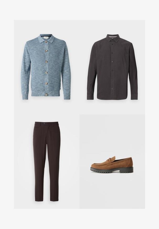 Cardigan en tricot bleu clair avec un motif texturé, doté d'une fermeture à boutons à l'avant et de boutons en bois, avec des manches longues et un col classique.; Chemise à manches longues à carreaux sombres. Présente un col classique, une poche avant et des boutons noirs. Fabriquée en tissu léger.; Pantalon marron foncé ajusté en tissu lisse, avec devant plat, poches latérales et fermeture par bouton. Coupe droite, sans motif apparent.; Mocassins en daim marron avec un bout arrondi et une semelle noire en caoutchouc basse, présentant une sangle décorative et des détails de couture sur le dessus.