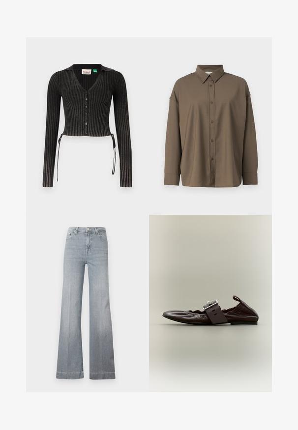 Sort ribbet cropped cardigan med lange ærmer, V-hals, knaplukning og sideslyng. Har et tekstureret strikmønster.; Brun skjorte med knaplukning og struktureret krave, lange ærmer og tekstureret stof. Har lige pasform og fuld knaplukning foran.; Lys grå, højtaljede flared jeans i denim. Har fem lommer, en front knappelukning, og en ren kant med subtil fading på benene.; Mørkebrun læderflat sko med stor sølvspænde og sammenrynkede elastikdetaljer, vist fra siden mod en neutral baggrund.