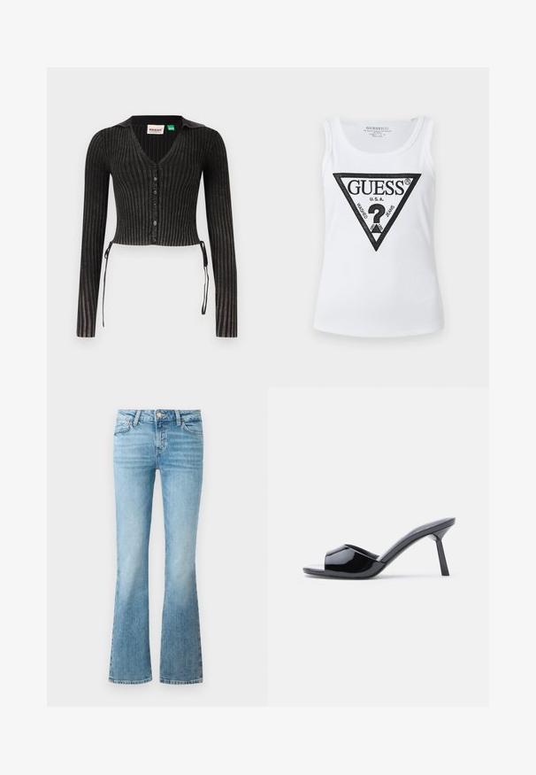 Sort ribbet cropped cardigan med lange ærmer, V-hals, knaplukning og sideslyng. Har et tekstureret strikmønster.; Hvid ribbet tanktop med et sort trekantet logo i midten, der indeholder teksten "GUESS," "U.S.A.," "WASHED," og "JEANS."; Lysblå denimflaredragt med frontlommer, bæltesløjfer og knaplukning.; Sorte laklæder sandaletter med åben tå, der har et buet overdesign og en spids stilethæl. Glat, blank finish.