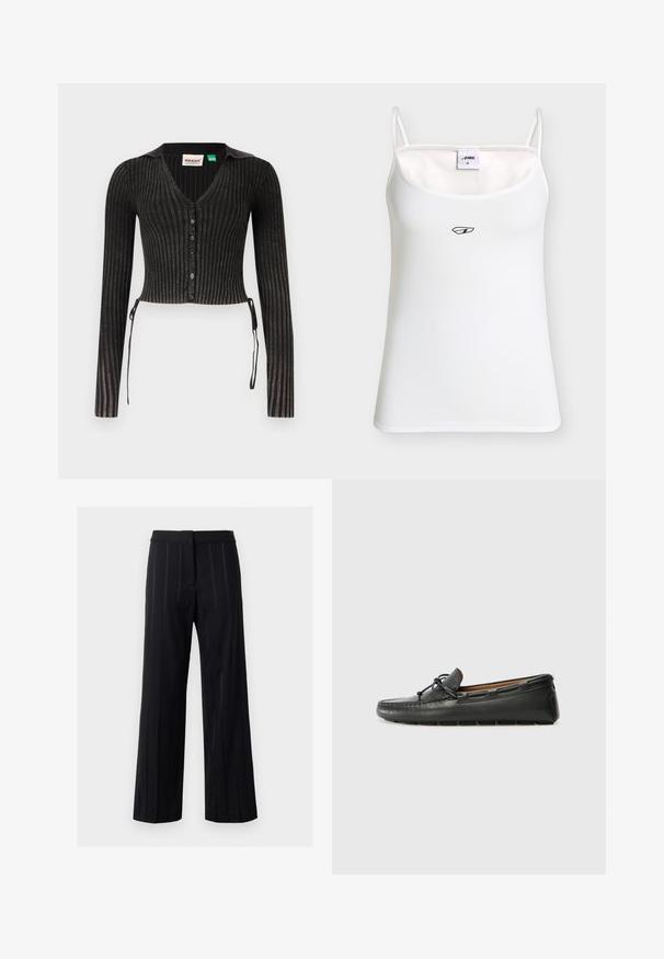 Sort ribbet cropped cardigan med lange ærmer, V-hals, knaplukning og sideslyng. Har et tekstureret strikmønster.; Hvid tanktop med spaghetti stropper, lille sort logo placeret midt under halsudskæringen og størrelsesmærkat inde i kraven.; Sorte bindestreger bukser med lige ben, glat tekstur, skræddersyet talje og subtile detaljer langs striberne.; Sorte læder bådsko med afrundet tå, stikninger, lille sløjfedetalje og gummisål. Glat tekstur og strømlinet design.