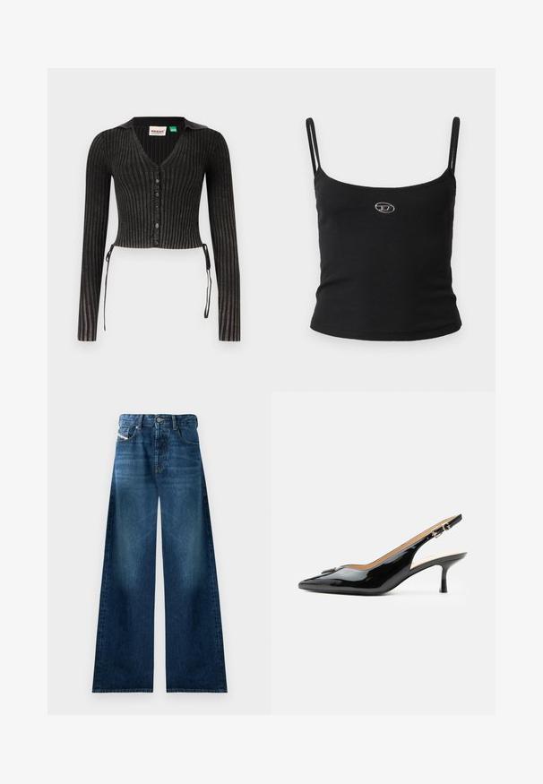 Sort ribbet cropped cardigan med lange ærmer, V-hals, knaplukning og sideslyng. Har et tekstureret strikmønster.; Sort ribstrikket camisole-top med tynde stropper og en lille metallisk logo midt på. Stoffet virker strækbart og kropsnært.; Bredde denimjeans i mørk vask. Har traditionelt fem-lomme design, knappelukning og let falmning på lårerne.; Sort patentlæder slingback hæl med spids tå, lille kitten hæl og sølvspænde på en ensartet hvid baggrund.