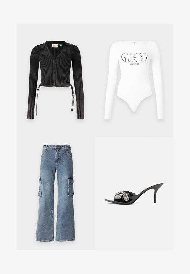 Zwarte geribde cropped cardigan met lange mouwen, V-hals, knoopsluiting en zijstrikjes. Heeft een gestructureerd breipatroon.; Witte lange mouw bodysuit met een ronde hals. Voorzien van het 'GUESS' logo en 'EST.1981' in het zwart gedrukt op de voorkant. Soepele textuur.; Brede blauwe denim cargo broeken met zijzakken, een knoopsluiting en riemlussen. De stof heeft een lichte wassing met subtiele vervaging.; Zwarte lakleren mule met hoge hak, open teen en decoratieve zilveren bedels, waaronder een bloem en hangslot op de voorste band.
