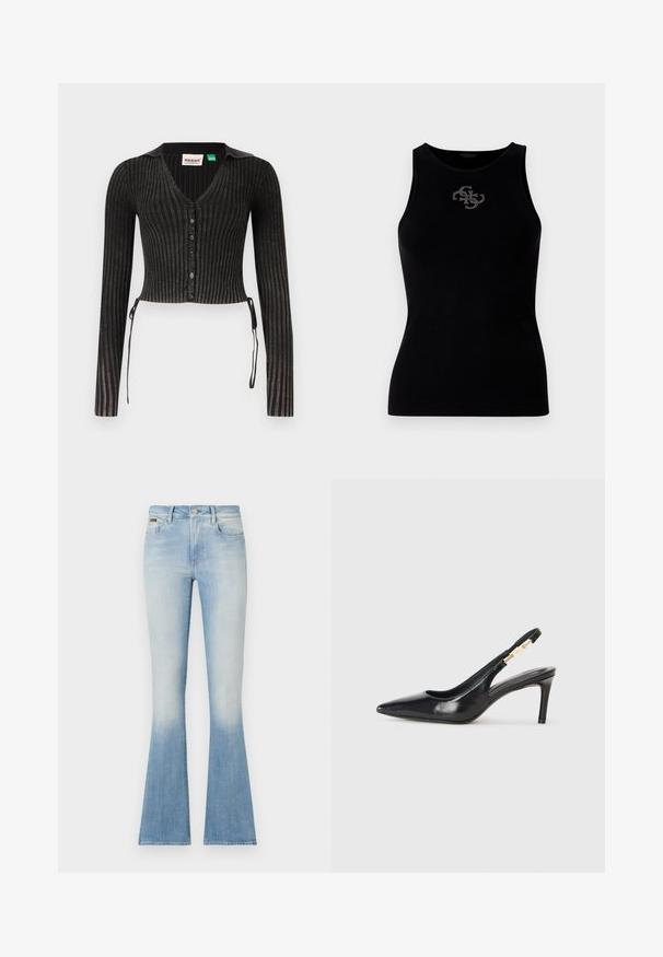 Sort ribbet cropped cardigan med lange ærmer, V-hals, knaplukning og sideslyng. Har et tekstureret strikmønster.; Sort ribbet tank top med rund udskæring og et logo prydet med sølvfarvede nitter på forsiden. Blødt, strækbart stof.; G-STAR Flared jeans - vintage alloy blue; Sort læder slingback højhælede sko med spidse tæer, glat overflade og en smal ankelrem med guldfarvede hardware detaljer.