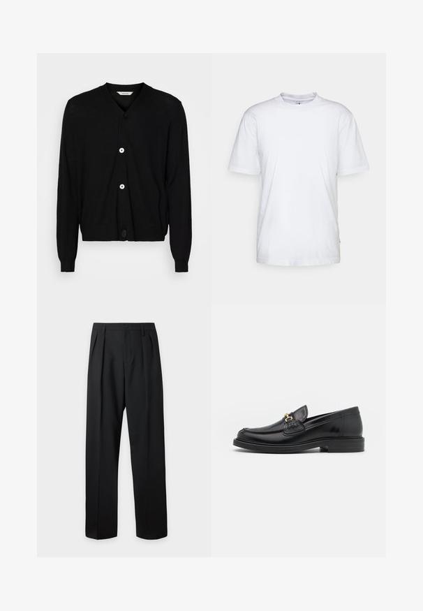 Zwarte cardigan van lichtgewicht stof, met een V-hals, lange mouwen en vijf ronde knopen aan de voorkant. Glad textuur.; Witte katoenen t-shirt met een ronde hals, korte mouwen en een rechte zoom. Heeft een klein merktag aan de linkerkant van de zijnaad.; Zwarte, hoog getailleerde, op maat gemaakte broek met riemlussen, voorplooien, knoopsluiting en rechte, wijde pijpen op een lichte achtergrond.; Zwarte leren instappers met een ronde neus, voorzien van een gouden hardware accent en stikdetails, geplaatst op een lage, getextureerde rubberen zool.