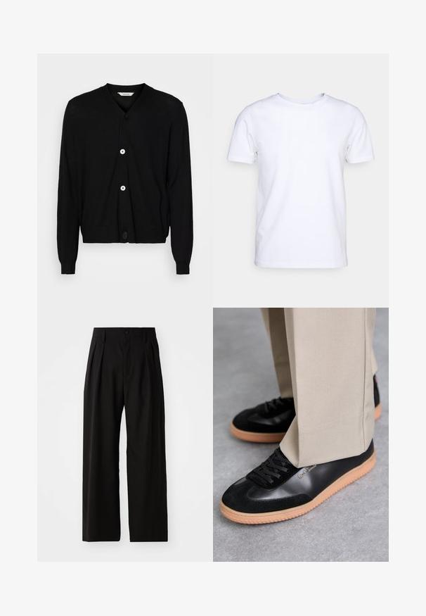 Sort cardigan lavet af letvægtsstof, med V-hals, lange ærmer og fem runde knapper foran. Glat tekstur.; Hvid kortærmet t-shirt i bomuldsstof med rund halsudskæring. Enkel design uden mønstre eller detaljer. Glat tekstur.; Sorte bukser med vid ben, der har en glat overflade, to frontplisseringer, knaplukning og sidelommer. Holdbart stof.; Paul Smith COMO - Sneakers - black