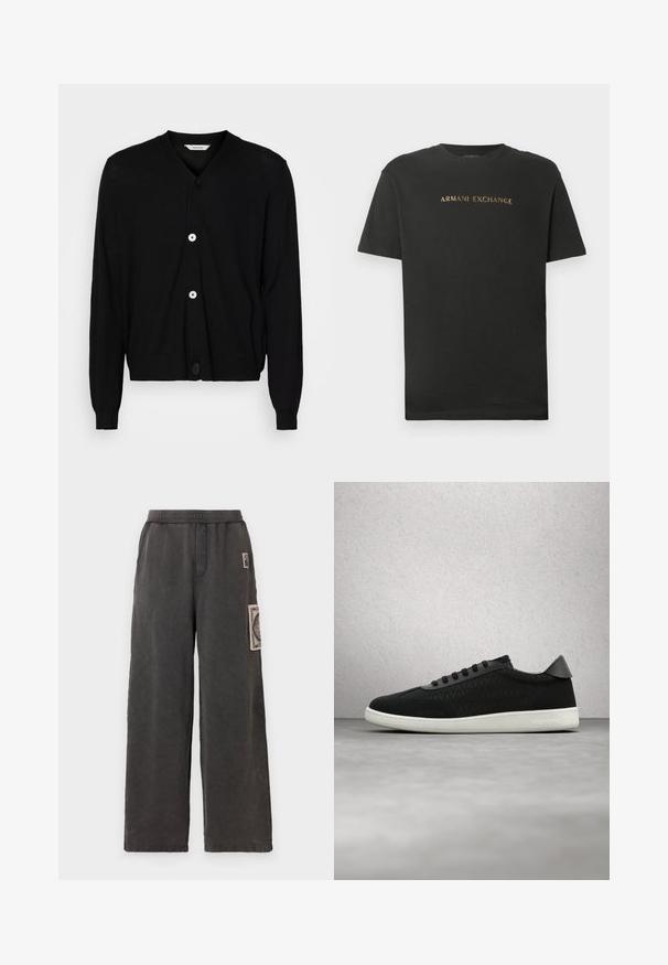 Sort cardigan lavet af letvægtsstof, med V-hals, lange ærmer og fem runde knapper foran. Glat tekstur.; Sort kortærmet T-shirt med rund hals, med "ARMANI EXCHANGE" trykt i guldskrift henover brystet.; Bredde bukser i mørkegrå stof, med et dekorativt patch på frontlommen og en elastisk talje for komfort.; Sort lavt snøresko med hvid sål, teksturerede sider, sorte snørebånd og mærkenavn på hælen, vist mod en moderne baggrund af glasblokke.