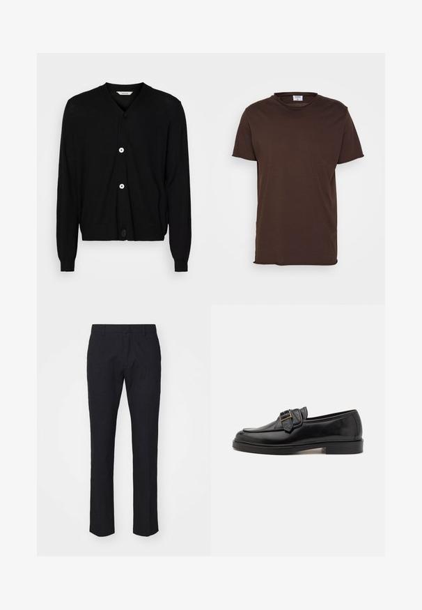 Zwarte cardigan van lichtgewicht stof, met een V-hals, lange mouwen en vijf ronde knopen aan de voorkant. Glad textuur.; Filippa K ROLL NECK TEE - T-shirt basic - dark choco; Marineblauwe broek in een tailored snit, gemaakt van soepel materiaal. Bevat een vlakke voorkant, riemlussen en rechte pijpen met een schone zoom.; Zwarte leren instappers met een ronde neus en een decoratieve gesp. Platte, stevige hak en een gladde textuur overal.