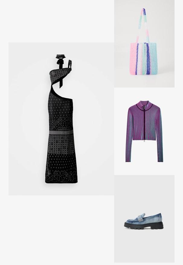 Veste zippée courte à manches longues avec un motif en ribbed multicolore comportant des rayures roses, violettes et bleues. Détail en zip argenté à l'avant.; Robe noire au design asymétrique, arborant des motifs géométriques blancs, une silhouette à une épaule et un accessoire choker assorti.; Mocassin en denim avec un bout arrondi, finition dégradée bleue et bride rembourrée. Semelle noire épaisse avec un motif de bande de roulement texturé.; Sac fourre-tout coloré en perles transparentes. Présente des rayures roses, vertes, bleues et blanches. Deux poignées en perles solides.
