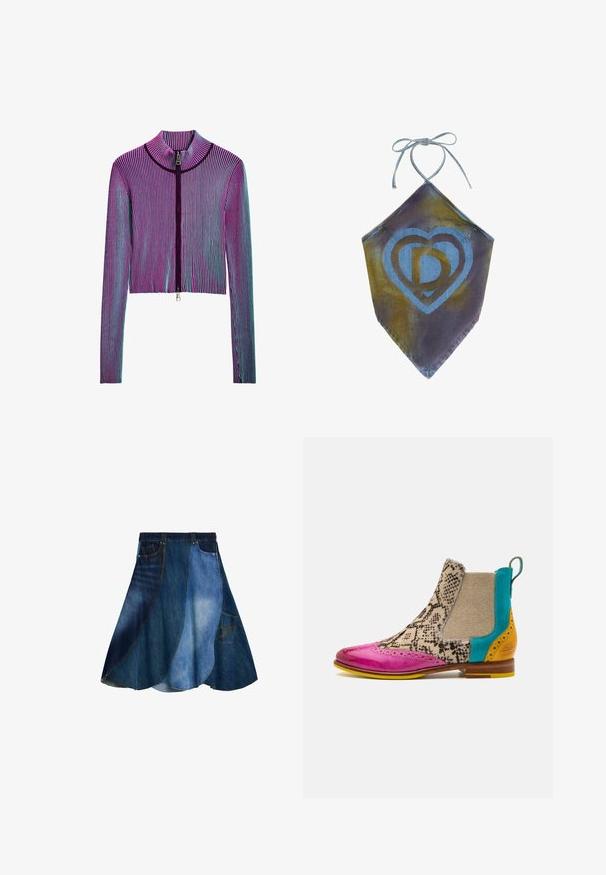 Ingekorte ritsjack met lange mouwen in een meerkleurig geribbeld patroon met roze, paarse en blauwe strepen. Zilveren ritsdetails aan de voorkant.; Spijkerbroek haltertop met blauw hartvormig logo met gestileerde letters, gestrikt bij de nek, met een puntige zoom.; Denim rok met een patchwork ontwerp in verschillende tinten blauw, uitlopende vorm en een zijzak. Gladde textuur en casual stijl.; Kleurrijke enkelboot met een roze patenten leren punt, slangenprint stof, beige canvas en turkooizen en gele accenten op de hak.