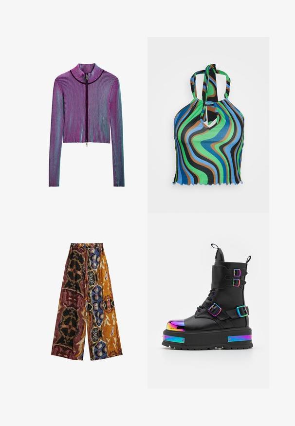 Ingekorte ritsjack met lange mouwen in een meerkleurig geribbeld patroon met roze, paarse en blauwe strepen. Zilveren ritsdetails aan de voorkant.; Neon & Nylon NEOLUCYWAVE HALTERNECK - T-shirt print - black; Wijde broek met een trekkoord in de taille, met een multicolor abstract patroon in tinten oranje, blauw, rood, zwart en beige.; Koi Footwear COSMIC FIRE METAL PLATFORM BOOTS - Veterboots - black/multi-coloured