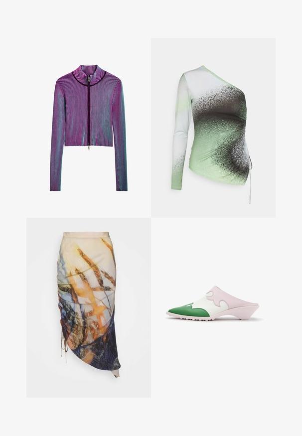 Veste zippée courte à manches longues avec un motif en ribbed multicolore comportant des rayures roses, violettes et bleues. Détail en zip argenté à l'avant.; Elleme ONE SHOULDER - T-shirt à manches longues - light green/white; Materiel DIAGONAL GATHERED SKIRT - Jupe crayon - golden hour; Chaussure mule à enfiler avec bout pointu vert, empeigne blanche avec surcouche ondulée rose et petit talon incliné sur fond blanc.