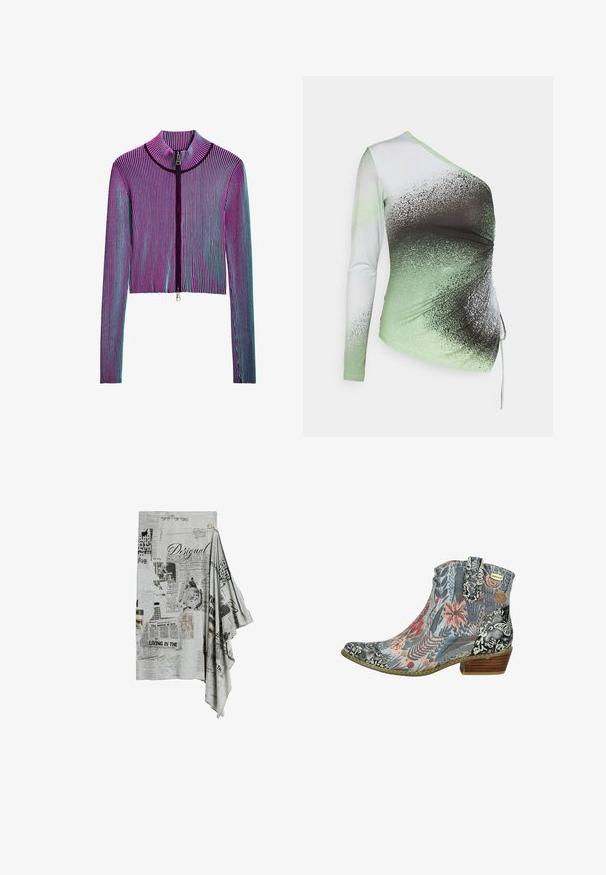 Ingekorte ritsjack met lange mouwen in een meerkleurig geribbeld patroon met roze, paarse en blauwe strepen. Zilveren ritsdetails aan de voorkant.; Elleme ONE SHOULDER - Longsleeve - light green/white; Grijze stof met zwart-wit krantenprint, met tekst, afbeeldingen en het woord "Desigual" prominent weergegeven.; Enkellaars met bloem- en vlinderpatronen in blauw-, roze- en zwarte tinten, voorzien van een lage houten hak en een aantreklus.