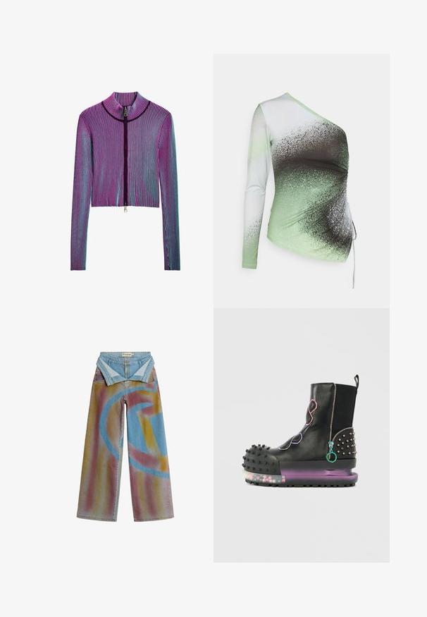 Ingekorte ritsjack met lange mouwen in een meerkleurig geribbeld patroon met roze, paarse en blauwe strepen. Zilveren ritsdetails aan de voorkant.; Elleme ONE SHOULDER - Longsleeve - light green/white; Wijde spijkerbroek met spuitverfdesign in vervaagde oranje en paarse kleuren en geometrische blauwe vormen, op de taille omgevouwen.; Zwarte leren laars met een chunky zool, studded accenten, kleurrijke ritsen en een gevoerde neus. Doorzichtige zool bevat decoratieve elementen van binnen.