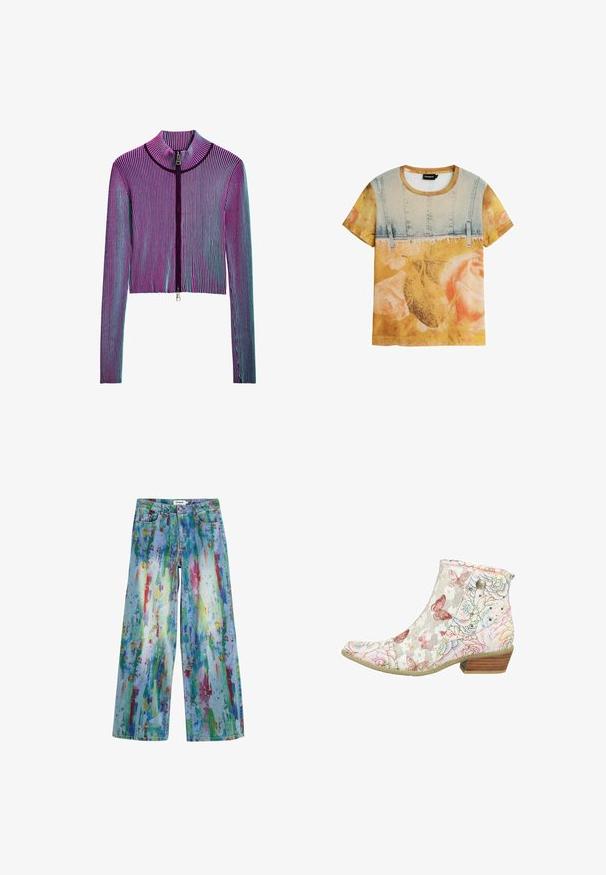 Chaqueta recortada con cremallera y manga larga en un patrón de rayas ribeteadas multicolor que presenta tonos de rosa, púrpura y azul. Detalle de cremallera plateada en la parte delantera.; Camiseta de manga corta con estampado de chaqueta vaquera en la parte superior y patrón floral desvaído en tonos naranja-amarillo en la parte inferior y las mangas.; Jeans de pierna ancha con un diseño de salpicaduras de pintura en azul, verde, rojo y amarillo. Hechos de mezclilla con una superficie texturizada y un estilo clásico de cinco bolsillos.; Botín blanco hasta el tobillo con tacón bajo de madera, con mariposa roja y estampado floral multicolor, con superposición de encaje y botón decorativo.