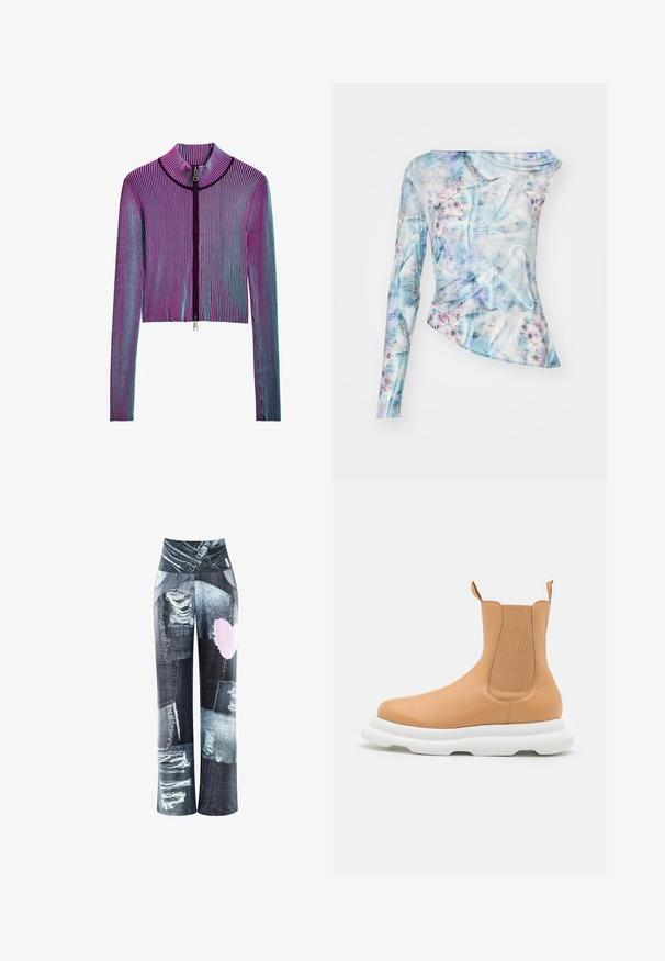Ingekorte ritsjack met lange mouwen in een meerkleurig geribbeld patroon met roze, paarse en blauwe strepen. Zilveren ritsdetails aan de voorkant.; Asymmetrisch langslavend top in een blauw en roze abstract patroon, met een geplooid textuur en een ronde hals. Gemaakt van een lichtgewicht stof.; Spijkerbroek met een patchworkdesign in donkerblauw, lichtblauw en grijs, met verweerde details en een roze hartaccent aan de voorkant.; A.W.A.K.E. MODE CASUAL ARIANA BOOT - Enkellaarsjes met plateauzool - beige/white