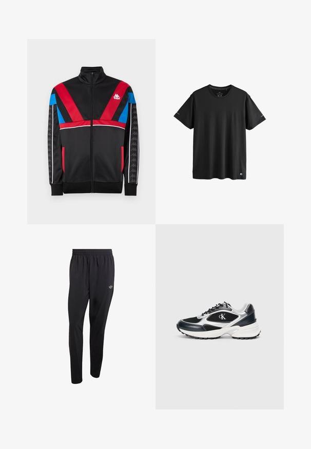 Chaqueta con cremallera Kappa en negro, con diseños geométricos en rojo y azul, acentos blancos y logo. Tejido suave con mangas largas y bolsillos.; Camiseta deportiva negra de manga corta con cuello redondo, con logos sutiles en las mangas y el dobladillo inferior, talla mediana.; Pantalones deportivos negros hechos de material ligero, con una cintura elástica y un pequeño logo en relieve en la parte superior del muslo izquierdo.; Zapatilla deportiva negra y plateada con parte superior de malla y sintético, acentos texturizados, entresuela blanca gruesa y suela exterior negra de goma. Presenta logo.