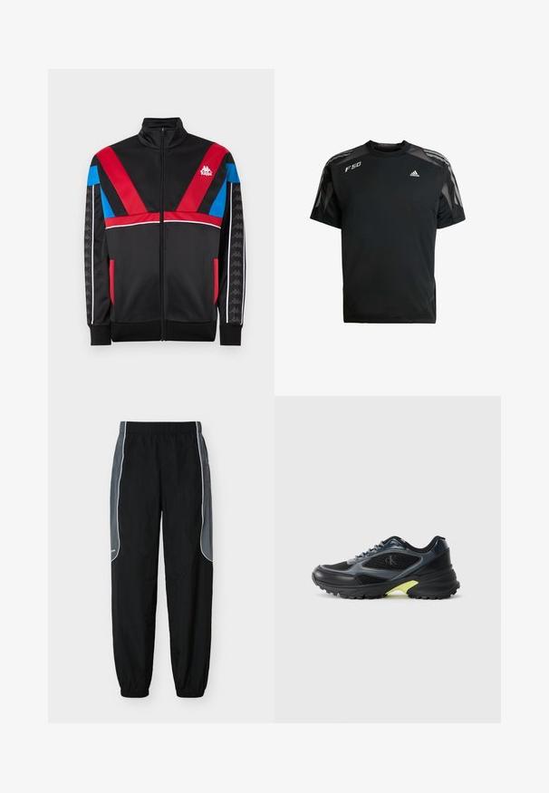 Chaqueta con cremallera Kappa en negro, con diseños geométricos en rojo y azul, acentos blancos y logo. Tejido suave con mangas largas y bolsillos.; Camiseta deportiva negra hecha de un tejido ligero, con paneles de malla en los hombros, mangas cortas y logotipos blancos de adidas y F50.; Pantalones de chándal negros con paneles laterales gris oscuro y ribete blanco, cintura y puños elásticos, exhibidos sobre un fondo blanco.; Zapatilla deportiva negra y gris con paneles de malla, suela texturizada y un acento amarillo en el talón. Cuenta con cordones y un logo en el lateral.