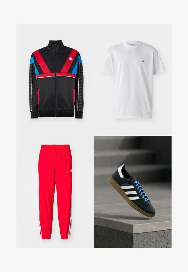 Schwarze Kappa Zip-Jacke mit roten und blauen geometrischen Designs, weißen Akzenten und Logo. Glattes Material mit langen Ärmeln und Taschen.; Weißes Baumwoll-T-Shirt mit kurzen Ärmeln, Rundhalsausschnitt, mit einem kleinen goldenen Logo im linken Brustbereich. Weicher Stoff und normale Passform.; Rote Sporthose mit elastischem Bund, weißen gestreiften Akzenten an den Seiten und einem kleinen weißen Logo am linken Oberschenkel.; Schwarzer Adidas-Sneaker mit weißen Streifen, blauen Schnürsenkeln und Gummisohle, der über einer grauen Betontreppe im weichen Licht schwebt.