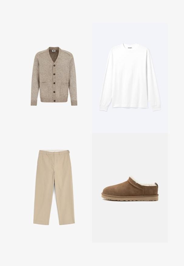 Cardigan en tricot beige avec un col en V, fermeture à boutons sur le devant, deux poches, et des poignets et un ourlet côtelés. La texture est texturée et douce.; Chemise blanche unie à manches longues avec col rond et poignets côtelés, présentée sur un fond clair neutre.; Pantalon beige à jambes droites avec passants de ceinture et fermeture éclair à l'avant, présenté sur fond blanc.; Chausson marron en daim à enfiler avec semelle beige et doublure polaire blanche, conçu pour la chaleur et le confort à l’intérieur.