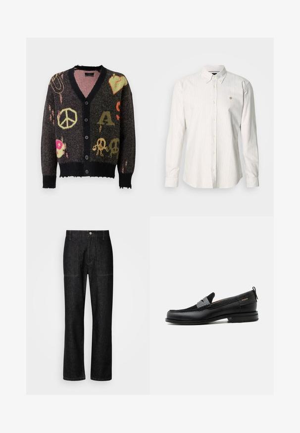 Cardigan de punto en gris oscuro con ribetes negros. Presenta patrones coloridos, incluyendo signos de paz y calaveras, con un borde ligeramente deshilachado.; Camisa de manga larga a rayas en beige claro y blanco. Cuenta con cuello abotonado, botones delanteros y un pequeño logotipo en el pecho.; Pantalones de mezclilla negros con corte recto, costuras visibles y cierre frontal con botón. Incluye dos bolsillos laterales y dos bolsillos traseros.; Mocasín de cuero negro con detalle de tira gris, tacón bajo y suela texturizada, con la marca "HUGO" en oro en el lateral.