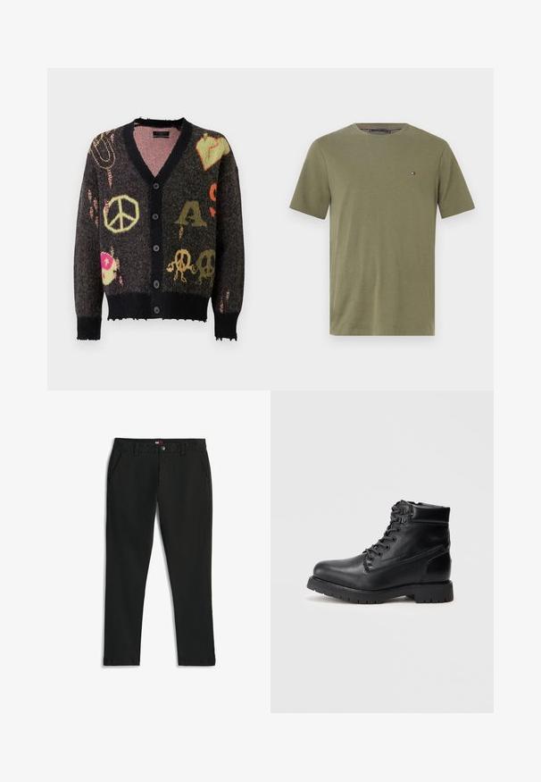 Strikket cardigan i mørkegrå med sort kant. Har farverige mønstre, herunder fredstegn og kranier, med en let flagrende kant.; Oliven grøn bomulds T-shirt med rund hals, korte ærmer og et lille logo på venstre bryst. Glat tekstur, normal pasform.; Sorte slim-fit bukser med bæltestropper, forreste knap- og lynlås-lukning, sidelommer og en lille mærkeetiket inde i linningen.; Sort læder ankelstøvle med rund tå, struktureret overdel, runde snørebånd og en tyk gummisål. Har metaløjer og polstret krave.