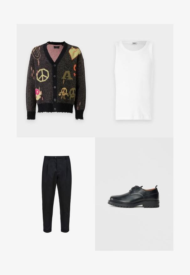 Cardigan de punto en gris oscuro con ribetes negros. Presenta patrones coloridos, incluyendo signos de paz y calaveras, con un borde ligeramente deshilachado.; Camiseta sin mangas de algodón blanco con cuello redondo y una textura suave. Diseño sencillo, sin patrones ni acentos.; Pantalones negros de tejido suave, con un frente plisado, ajuste tapered y puños enrollados. Cierre de botón sencillo en la cintura.; Zapatos derby de cuero negro con una textura suave, punta redondeada, diseño de cordones y una suela de goma gruesa y resistente.