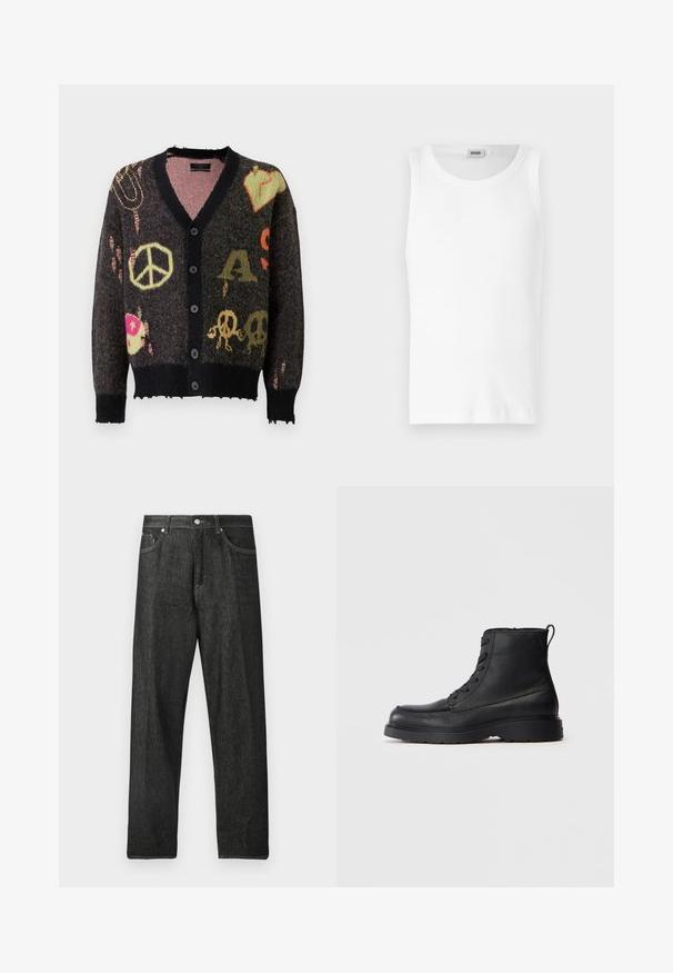 Gebreide cardigan in donkergrijs met een zwarte afwerking. Heeft kleurrijke patronen, waaronder vredestekens en schedels, met een licht rafelige rand.; Witte katoenen mouwloze tanktop met een ronde halslijn en een gladde textuur. Eenvoudig ontwerp, geen patronen of accenten.; Zwarte spijkerbroek met rechte pijpen, voorzien van een knoopsluiting aan de voorkant, vijf zakken en subtiele stiksel details.; Zwarte gestructureerde leren veterschoen tot de enkel met dikke zool en een lusje aan de achterkant, zijaanzicht.