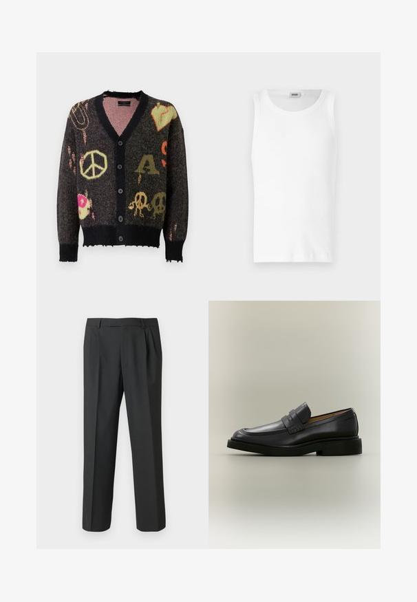 Gebreide cardigan in donkergrijs met een zwarte afwerking. Heeft kleurrijke patronen, waaronder vredestekens en schedels, met een licht rafelige rand.; Witte katoenen mouwloze tanktop met een ronde halslijn en een gladde textuur. Eenvoudig ontwerp, geen patronen of accenten.; Zwarte broek van gladde stof, met een rechte pijp, geplooide voorkant en standaard tailleband met riemlussen.; Zwarte leren herenloafer met een lage hak en een banddetail over het bovenwerk, getoond in profiel op een neutrale achtergrond.