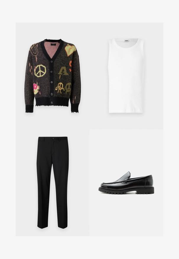 Strikket cardigan i mørkegrå med sort kant. Har farverige mønstre, herunder fredstegn og kranier, med en let flagrende kant.; Hvid bomulds tanktop uden ærmer med rund halsudskæring og en glat tekstur. Enkel design, ingen mønstre eller accenter.; Sorte skræddersyede bukser med flad front, standard talje og lige ben. Lavet af glat stof, med en enkelt knaplukning.; Sort læderloafer med chunky gummisål, syet overdel og præget mærkenavn på hælen, vist i sideprofil på hvid baggrund.