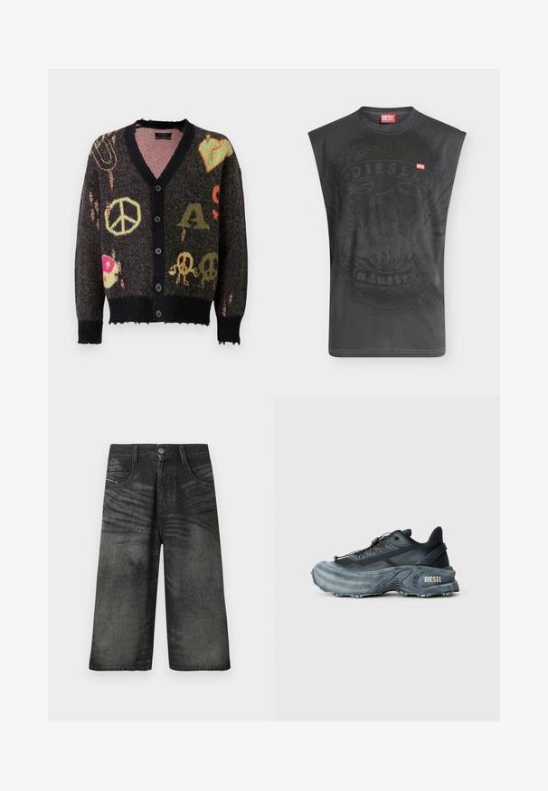 Strikket cardigan i mørkegrå med sort kant. Har farverige mønstre, herunder fredstegn og kranier, med en let flagrende kant.; Ærmeløs sort Diesel t-shirt med subtilt ørne-grafik og lille rød Diesel logopatch på brystet.; Sorte cowboyshorts med brede ben, foran knap, lynlås, bærestropper og detaljer med falmet tekstur.; Sort og grå Diesel sneakers med tyk sål, snørrebåndslukning og tekstureret design på en ensfarvet lysegrå baggrund.